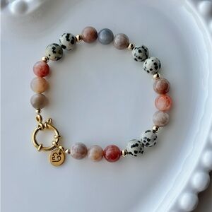 Dalmatian Jasper & Pink Sunstone Beaded Bracelet 14K Gold Filled | Handmade